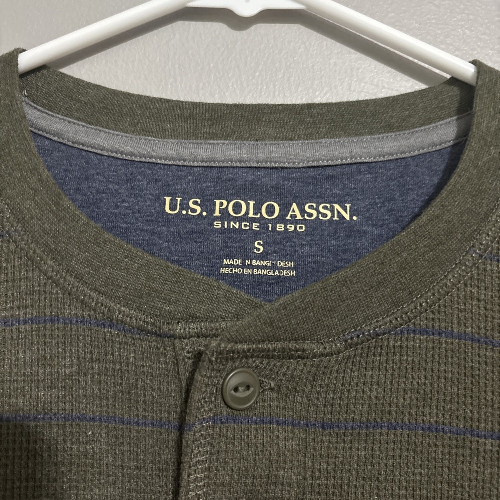 US POLO ASSN Shirt Men's S Green Henley‎ Thermal Long Sleeve Blue Stripes - Picture 3 of 10